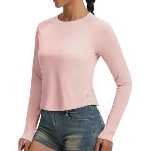image:imagebaleaf Womens UPF 50 Long Sleeve Sun Shirts Crop Rash Guard UV Workout Tops SPF Slim Fit Lightweight Athletic HikingPink