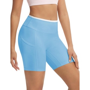 image:imagebaleaf Crossover Biker Shorts Women 6 High Waisted Yoga Shorts with Pockets Bike Workout Spandex CompressionEthereal BlueWhite