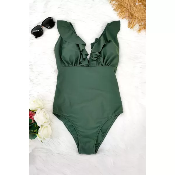 SouqFone Womens One Piece Swimsuits V Neck Swimwear Ruffle Lace Up Ruched Bathing Suits