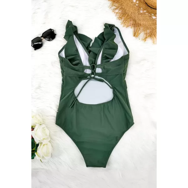 SouqFone Womens One Piece Swimsuits V Neck Swimwear Ruffle Lace Up Ruched Bathing Suits