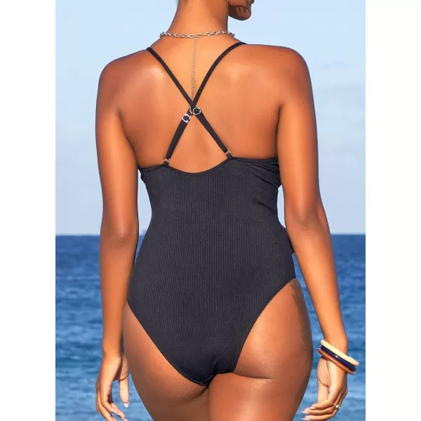 SouqFone One Piece Bathing Suits for Women Tummy Control Monokini Swimsuits02black