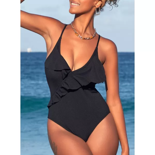 SouqFone One Piece Bathing Suits for Women Tummy Control Monokini Swimsuits02black