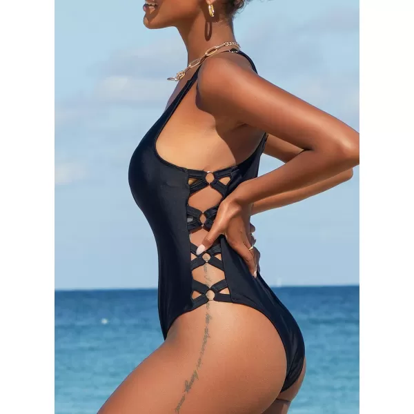 SouqFone One Piece Bathing Suits for Women Tummy Control Monokini Swimsuits07black