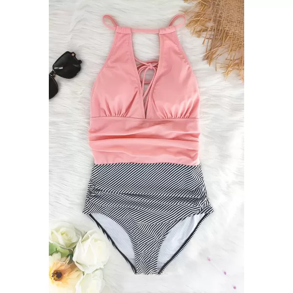 SouqFone One Piece Bathing Suits for Women Tummy Control Monokini Swimsuits08pink Striped
