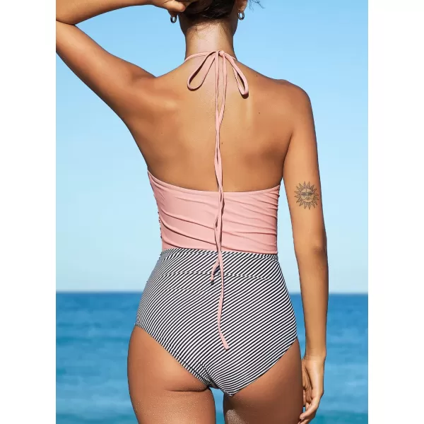 SouqFone One Piece Bathing Suits for Women Tummy Control Monokini Swimsuits08pink Striped