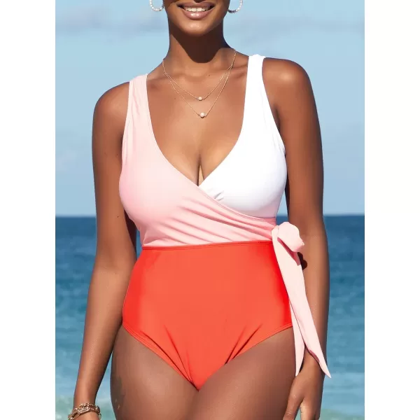 SouqFone One Piece Bathing Suits for Women Tummy Control Monokini Swimsuits12orange White