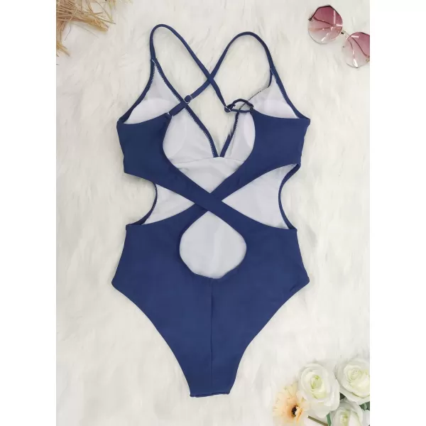 SouqFone One Piece Bathing Suits for Women Tummy Control Monokini Swimsuits18blue