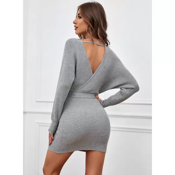 SouqFone Women Wrap Sweater Dresses Sexy Long Batwing Sleeve V Neck Backless Knitted Bodycon Cocktail Sweater Dress with BeltGrey