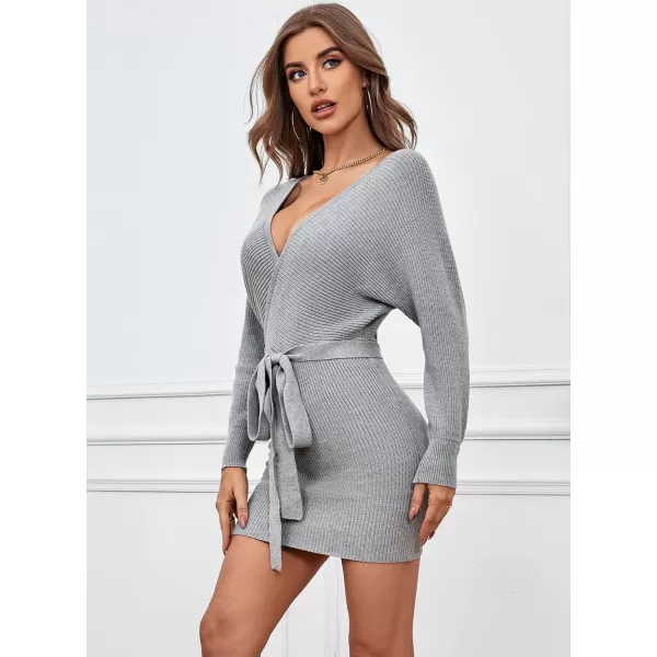 SouqFone Women Wrap Sweater Dresses Sexy Long Batwing Sleeve V Neck Backless Knitted Bodycon Cocktail Sweater Dress with BeltGrey