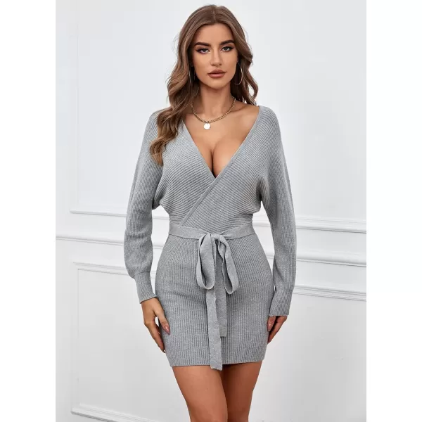 SouqFone Women Wrap Sweater Dresses Sexy Long Batwing Sleeve V Neck Backless Knitted Bodycon Cocktail Sweater Dress with BeltGrey