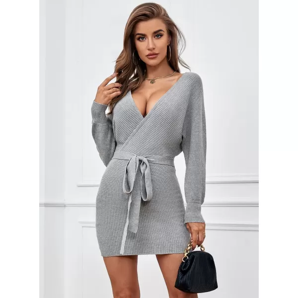 SouqFone Women Wrap Sweater Dresses Sexy Long Batwing Sleeve V Neck Backless Knitted Bodycon Cocktail Sweater Dress with BeltGrey