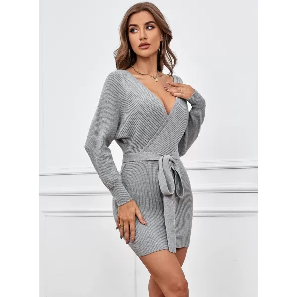 SouqFone Women Wrap Sweater Dresses Sexy Long Batwing Sleeve V Neck Backless Knitted Bodycon Cocktail Sweater Dress with BeltGrey