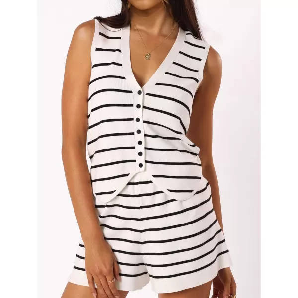 SuperPrity 2 Piece Outfits for Women Summer Casual Knit Matching Lounge Set Sleeveless Button Vest Top and Shorts Pajama SetBlack Stripe
