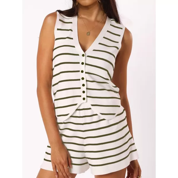 SuperPrity 2 Piece Outfits for Women Summer Casual Knit Matching Lounge Set Sleeveless Button Vest Top and Shorts Pajama SetGreen Stripe