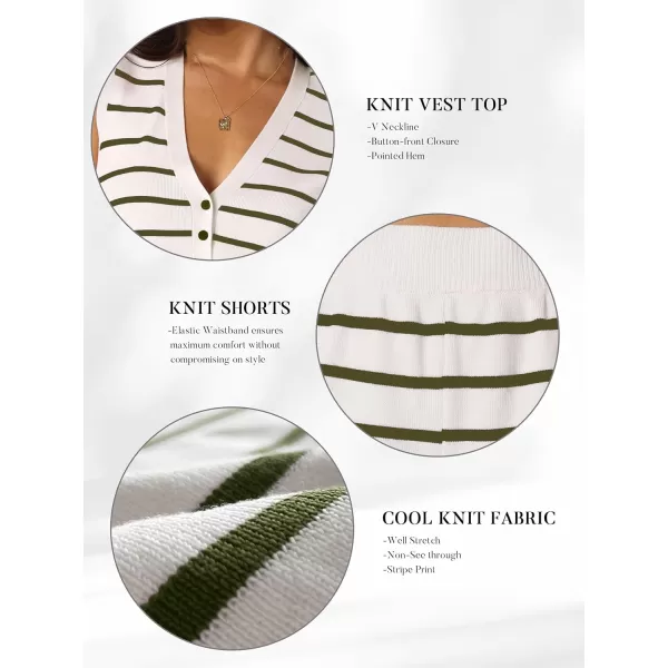 SuperPrity 2 Piece Outfits for Women Summer Casual Knit Matching Lounge Set Sleeveless Button Vest Top and Shorts Pajama SetGreen Stripe