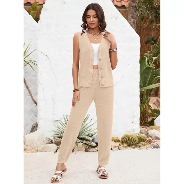 SuperPrity 2 Piece Outfits for Women Summer V Neck Sleeveless Knit Button Tank Tops and Wide Leg Pants Lounge Sets TracksuitApricot