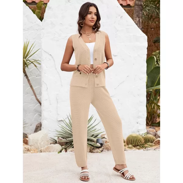 SuperPrity 2 Piece Outfits for Women Summer V Neck Sleeveless Knit Button Tank Tops and Wide Leg Pants Lounge Sets TracksuitApricot