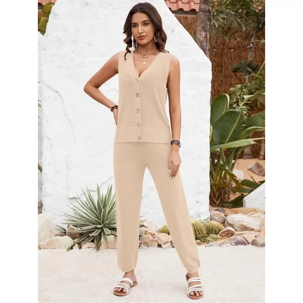 SuperPrity 2 Piece Outfits for Women Summer V Neck Sleeveless Knit Button Tank Tops and Wide Leg Pants Lounge Sets TracksuitApricot