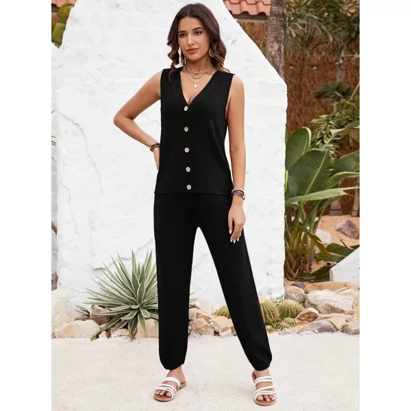 SuperPrity 2 Piece Outfits for Women Summer V Neck Sleeveless Knit Button Tank Tops and Wide Leg Pants Lounge Sets TracksuitBlack