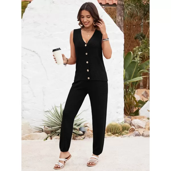 SuperPrity 2 Piece Outfits for Women Summer V Neck Sleeveless Knit Button Tank Tops and Wide Leg Pants Lounge Sets TracksuitBlack