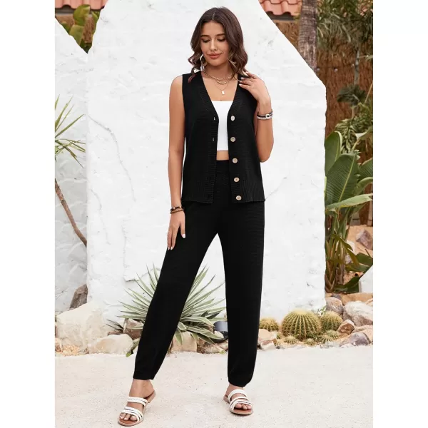 SuperPrity 2 Piece Outfits for Women Summer V Neck Sleeveless Knit Button Tank Tops and Wide Leg Pants Lounge Sets TracksuitBlack