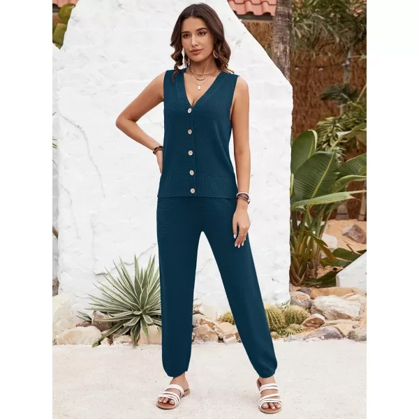 SuperPrity 2 Piece Outfits for Women Summer V Neck Sleeveless Knit Button Tank Tops and Wide Leg Pants Lounge Sets TracksuitBlue