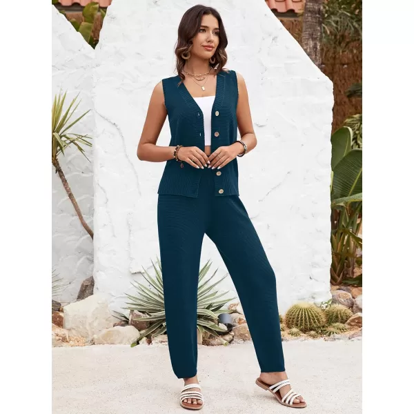 SuperPrity 2 Piece Outfits for Women Summer V Neck Sleeveless Knit Button Tank Tops and Wide Leg Pants Lounge Sets TracksuitBlue