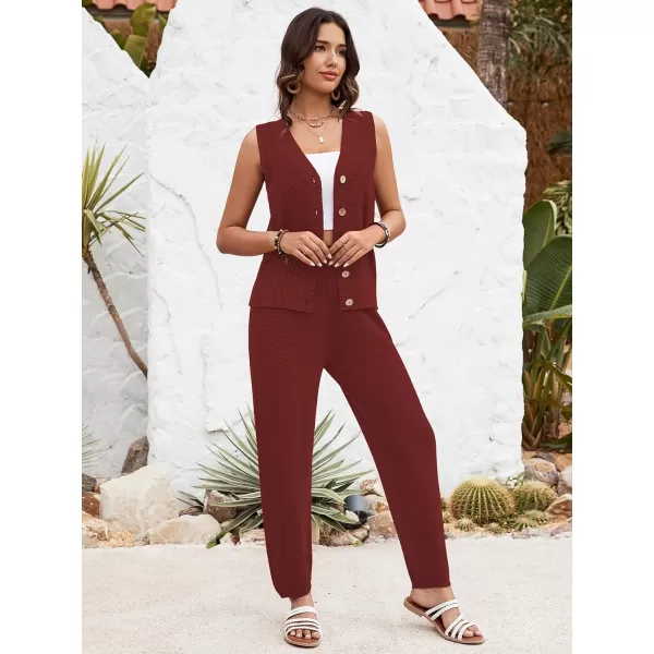 SuperPrity 2 Piece Outfits for Women Summer V Neck Sleeveless Knit Button Tank Tops and Wide Leg Pants Lounge Sets TracksuitBrick Red