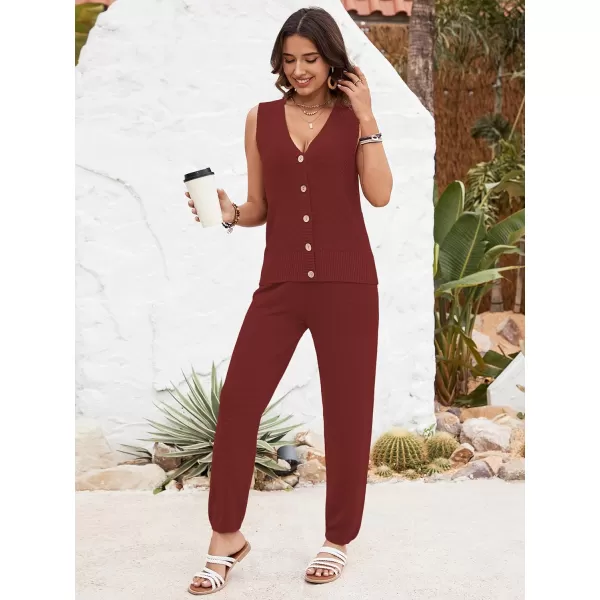 SuperPrity 2 Piece Outfits for Women Summer V Neck Sleeveless Knit Button Tank Tops and Wide Leg Pants Lounge Sets TracksuitBrick Red