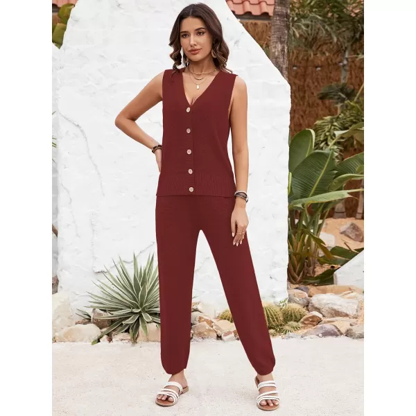 SuperPrity 2 Piece Outfits for Women Summer V Neck Sleeveless Knit Button Tank Tops and Wide Leg Pants Lounge Sets TracksuitBrick Red