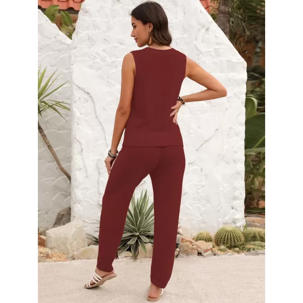 SuperPrity 2 Piece Outfits for Women Summer V Neck Sleeveless Knit Button Tank Tops and Wide Leg Pants Lounge Sets TracksuitBrick Red