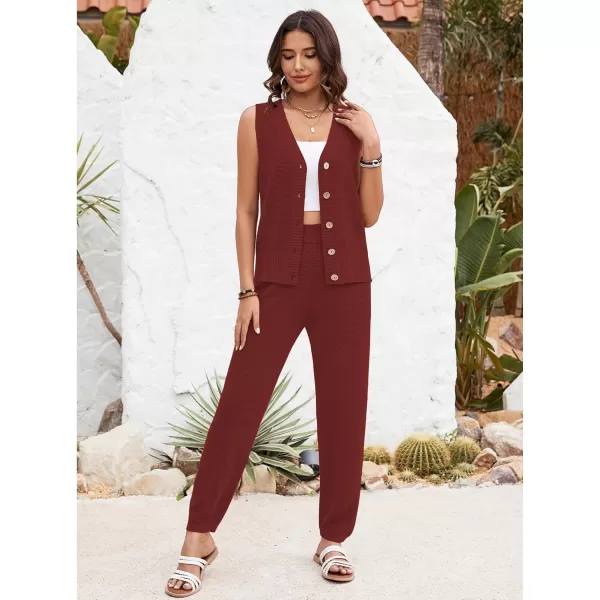 SuperPrity 2 Piece Outfits for Women Summer V Neck Sleeveless Knit Button Tank Tops and Wide Leg Pants Lounge Sets TracksuitBrick Red