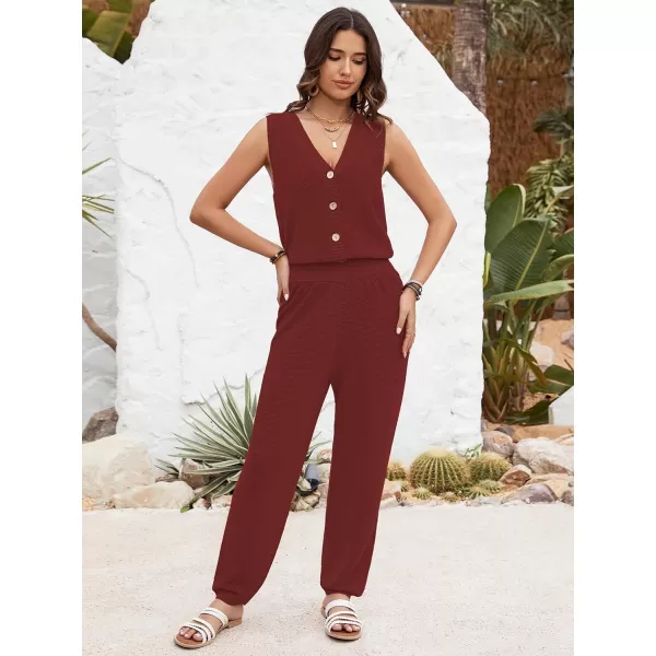 SuperPrity 2 Piece Outfits for Women Summer V Neck Sleeveless Knit Button Tank Tops and Wide Leg Pants Lounge Sets TracksuitBrick Red