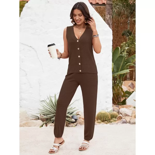 SuperPrity 2 Piece Outfits for Women Summer V Neck Sleeveless Knit Button Tank Tops and Wide Leg Pants Lounge Sets TracksuitCoffee