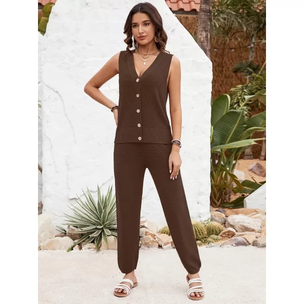 SuperPrity 2 Piece Outfits for Women Summer V Neck Sleeveless Knit Button Tank Tops and Wide Leg Pants Lounge Sets TracksuitCoffee