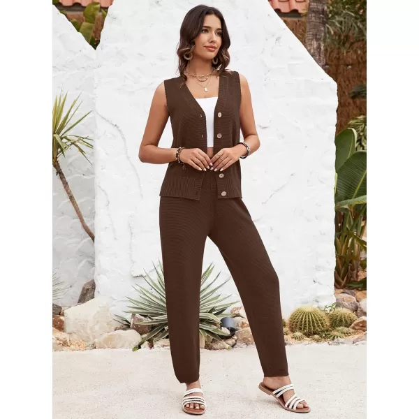 SuperPrity 2 Piece Outfits for Women Summer V Neck Sleeveless Knit Button Tank Tops and Wide Leg Pants Lounge Sets TracksuitCoffee