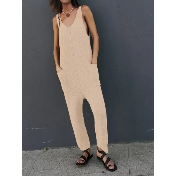 SuperPrity Jumpsuits for Women Summer Casual Sleeveless Sweater Jumpers with Pockets Knit Long Pants Rompers Baggy OverallsApricot