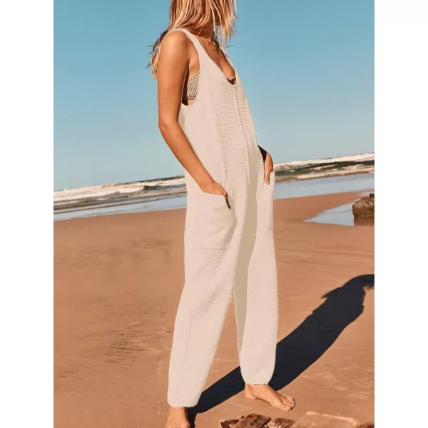 SuperPrity Jumpsuits for Women Summer Casual Sleeveless Sweater Jumpers with Pockets Knit Long Pants Rompers Baggy OverallsApricot