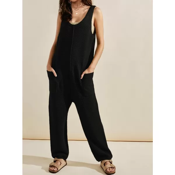 SuperPrity Jumpsuits for Women Summer Casual Sleeveless Sweater Jumpers with Pockets Knit Long Pants Rompers Baggy OverallsBlack