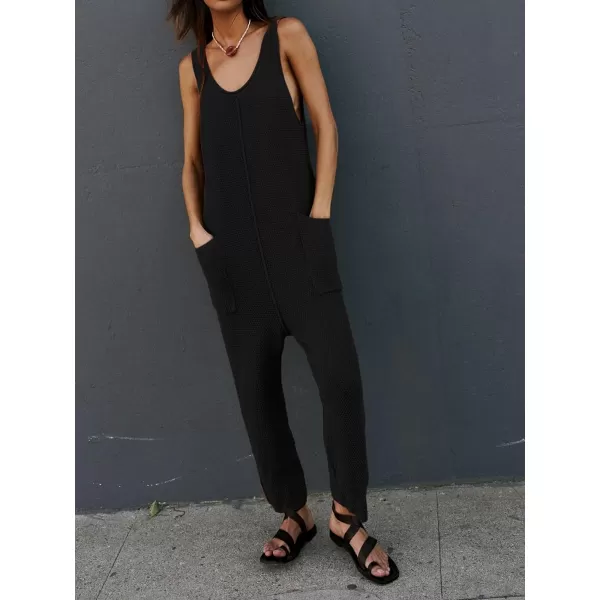 SuperPrity Jumpsuits for Women Summer Casual Sleeveless Sweater Jumpers with Pockets Knit Long Pants Rompers Baggy OverallsBlack