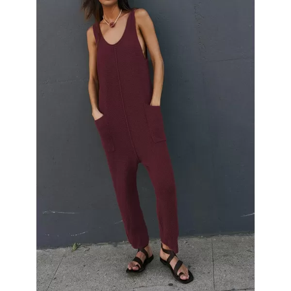 SuperPrity Jumpsuits for Women Summer Casual Sleeveless Sweater Jumpers with Pockets Knit Long Pants Rompers Baggy OverallsBurgundy