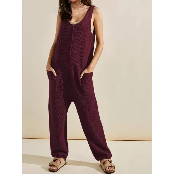 SuperPrity Jumpsuits for Women Summer Casual Sleeveless Sweater Jumpers with Pockets Knit Long Pants Rompers Baggy OverallsBurgundy