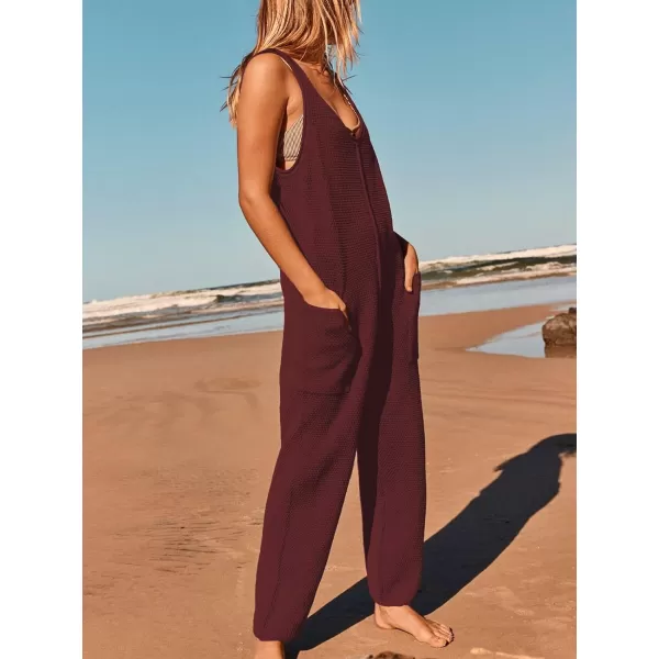 SuperPrity Jumpsuits for Women Summer Casual Sleeveless Sweater Jumpers with Pockets Knit Long Pants Rompers Baggy OverallsBurgundy