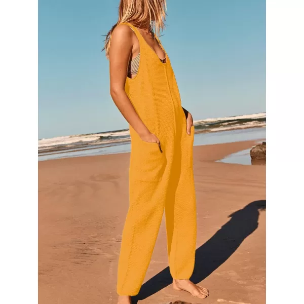 SuperPrity Jumpsuits for Women Summer Casual Sleeveless Sweater Jumpers with Pockets Knit Long Pants Rompers Baggy OverallsYellow