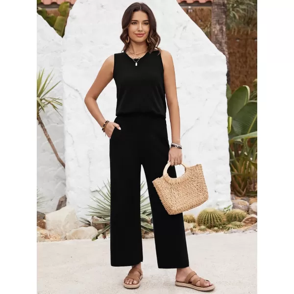 SuperPrity Two Piece Outfits for Women Summer Lounge Set Sleeveless Knit Tank Tops and Wide Leg Pants Sweater Set SweatsuitBlack