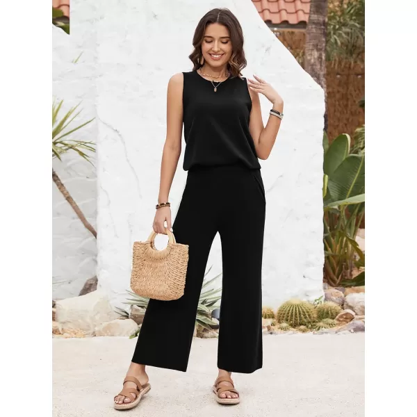 SuperPrity Two Piece Outfits for Women Summer Lounge Set Sleeveless Knit Tank Tops and Wide Leg Pants Sweater Set SweatsuitBlack