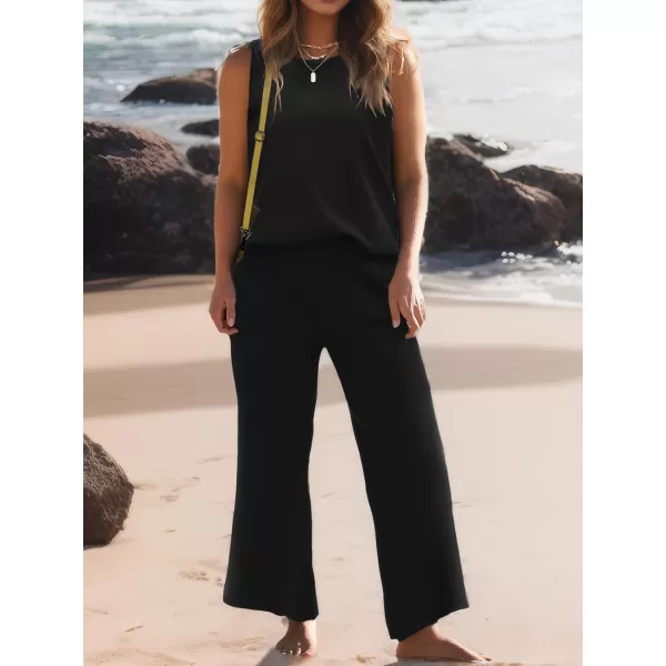 SuperPrity Two Piece Outfits for Women Summer Lounge Set Sleeveless Knit Tank Tops and Wide Leg Pants Sweater Set SweatsuitBlack