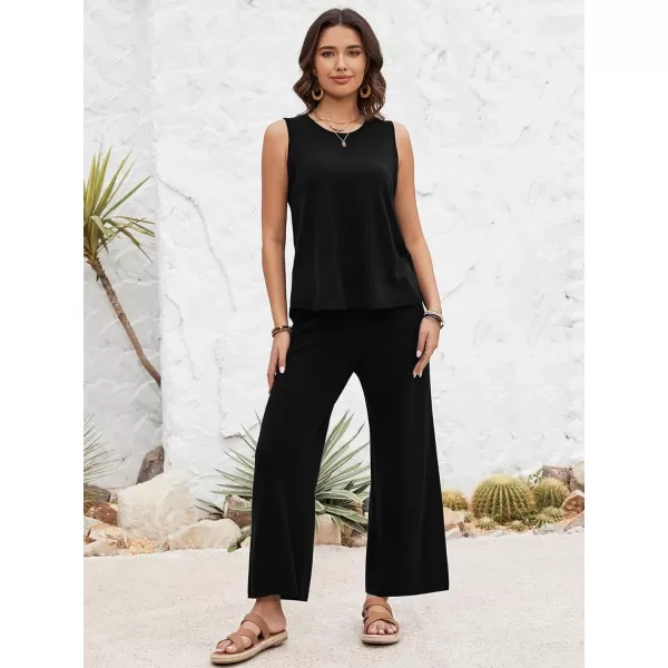 SuperPrity Two Piece Outfits for Women Summer Lounge Set Sleeveless Knit Tank Tops and Wide Leg Pants Sweater Set SweatsuitBlack