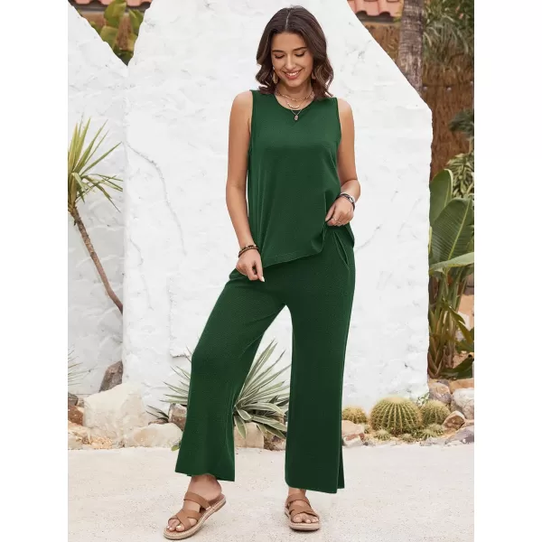 SuperPrity Two Piece Outfits for Women Summer Lounge Set Sleeveless Knit Tank Tops and Wide Leg Pants Sweater Set SweatsuitDark Green