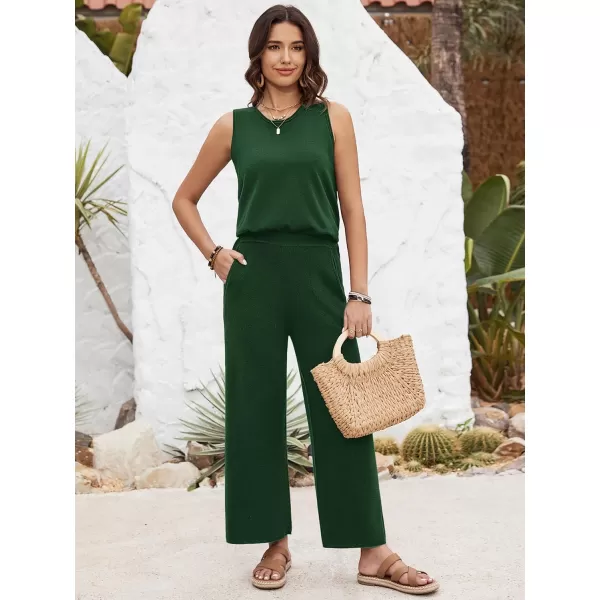 SuperPrity Two Piece Outfits for Women Summer Lounge Set Sleeveless Knit Tank Tops and Wide Leg Pants Sweater Set SweatsuitDark Green